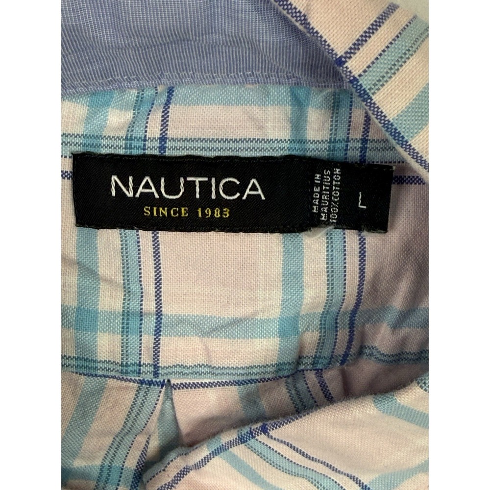 Nautica Plaid Button Down Shirt L Pink Blue Cotton Preppy Coastal Classic Casual - Picture 6 of 7